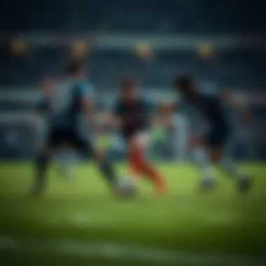 An action shot of players competing fiercely on the pitch, showcasing their skills