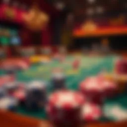 A captivating illustration of a gambling table filled with various game pieces and betting chips