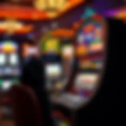 A detailed view of a classic slot machine in a vibrant casino setting